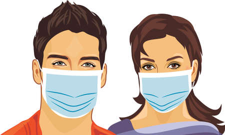 Young man and woman wearing medical masksのイラスト素材