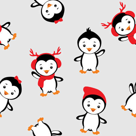Seamless festive pattern with funny baby penguinsのイラスト素材
