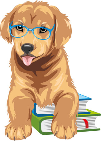 Smart Golden Retriever with booksのイラスト素材