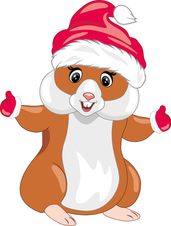 Happy hamster with Christmas hat and mittensのイラスト素材
