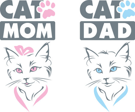 Cat MOM and cat DAD. Two cute designs isolated on whiteのイラスト素材