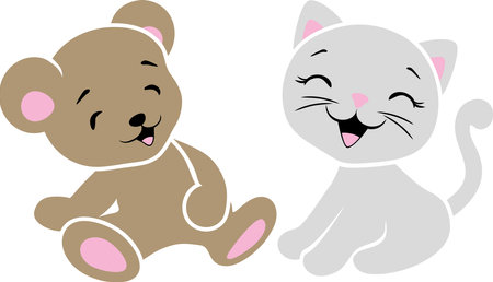 Laughing baby bear and cute kittenのイラスト素材
