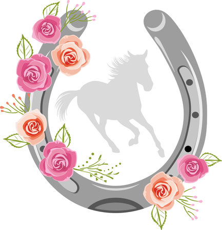 Stylized horseshoe with floral wreathのイラスト素材