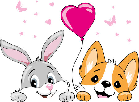 Peeking smiling rabbit and welsh corgi dog with balloonのイラスト素材