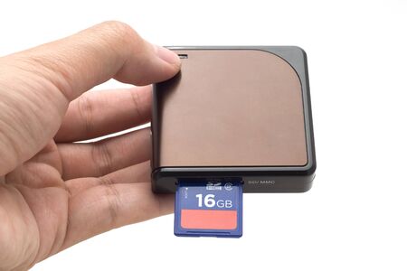 hand holding Sd card & card reader isolate on white background