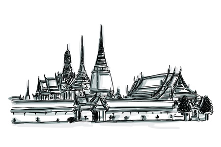 Free hand sketch  World famous landmark collection : Grand Palace - Wat Phra Kaew, Bangkok Thailandのイラスト素材