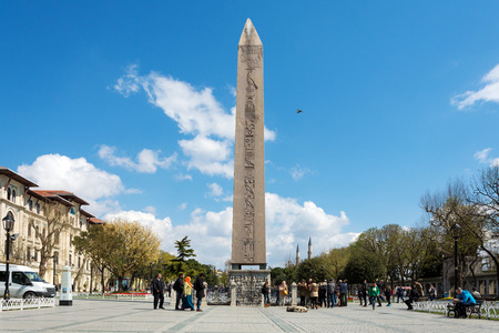 ISTANBUL TURKEY  APRIL 08 2015: Obelisk of Theodosius Egyptian Obelisk near Blue Mosque Sultanahmet camii in the ancient Hippodrome on April 08 Istanbul Turkeyのeditorial素材