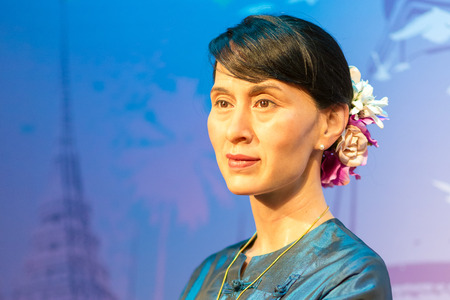 A waxwork of Aung San Suu Kyi on display at Madame Tussauds on Oct 21, 2012 in Bangkok, Thailand. Madame Tussauds' newest branch hosts waxworks of numerous stars and celebrities.のeditorial素材