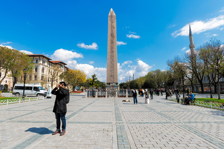 ISTANBUL TURKEY  APRIL 08 2015: Obelisk of Theodosius Egyptian Obelisk near Blue Mosque Sultanahmet camii in the ancient Hippodrome on April 08 Istanbul Turkeyのeditorial素材