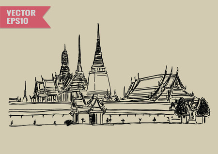Free hand sketch World famous landmark collection : Grand Palace  Wat Phra Kaew Bangkok Thailand.のイラスト素材
