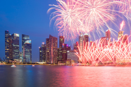 Firework show at business buildings area in Singapore. Singapore is a world famous tourist city with highly developed economic infrastructure.のeditorial素材