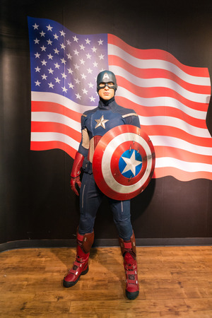 BANGKOK -JULY 22: A waxwork of Captain America on display at Madame Tussauds on July 22, 2015 in Bangkok, Thailand. Madame Tussauds' newest branch hosts waxworks of numerous stars and celebritiesのeditorial素材