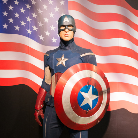 BANGKOK -JULY 22: A waxwork of Captain America on display at Madame Tussauds on July 22, 2015 in Bangkok, Thailand. Madame Tussauds' newest branch hosts waxworks of numerous stars and celebritiesのeditorial素材