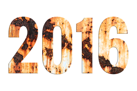 The word 2016 written in Grungy Rusted Steel texture isolate on white background