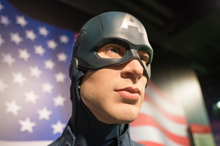 BANGKOK -JAN 29 : A waxwork of Captain America on display at Madame Tussauds on January 29, 2016 in Bangkok, Thailand. Madame Tussauds' newest branch hosts waxworks of numerous stars and celebritiesのeditorial素材