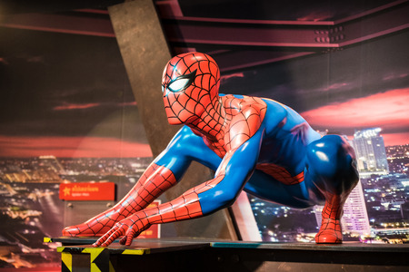 BANGKOK -JAN 29: A waxwork of Spiderman on display at Madame Tussauds on January 29, 2016 in Bangkok, Thailand. Madame Tussauds' newest branch hosts waxworks of numerous stars and celebritiesのeditorial素材