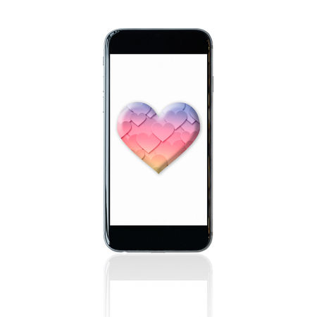 Smartphone with colourful heart symbol on screen. Elegant Design for love, valentine and wedding conceptの写真素材