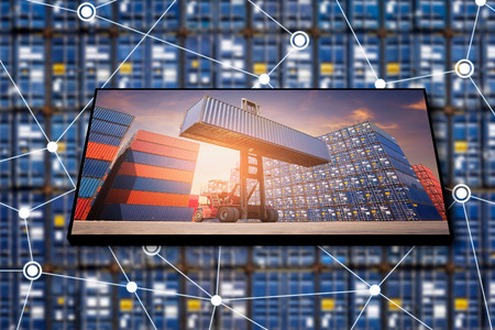 Cargo container logistic business with internet of things technology for global business connection to worldwide shipping.photo design for transportation import,export and logistic industrial conceptの写真素材