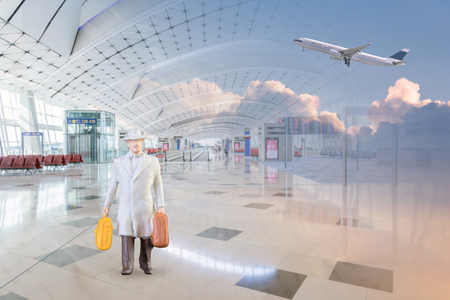 Close up of Miniature businessman and tourist people in national airport on white background.Elegant Design with copy space for placement your text, mock up for business and travel conceptの写真素材
