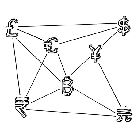 Hand draw business doodles online money conversion icons set on white background.Concept for business idea,startup and innovation technology.のイラスト素材