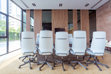 Interior of modern meeting room and conference room in office business building for business corporation and teamwork conceptの写真素材