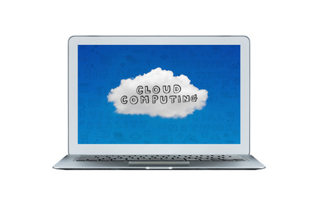 Smart laptop with cloud computing background on screen for internet of things technology and smart city concept.の写真素材