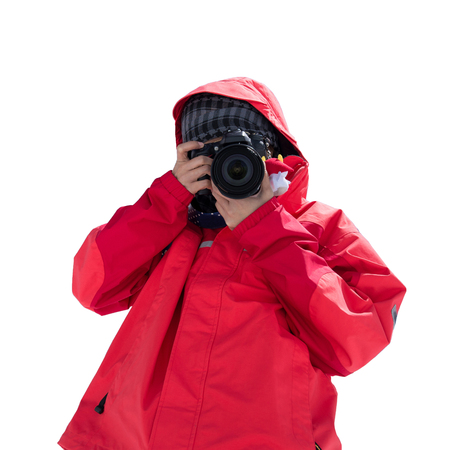 Photographer with a DSLR camera isolated on with background with clipping path for travel and photographer concept.の写真素材