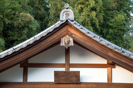 Close up of Japanese tradition roof and wood structure of ancient building in Kyoto, Japan.の写真素材