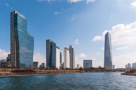 Cityscape view of modern office and business building in smart city at Korea.