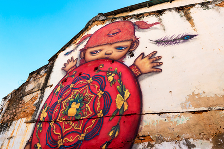 PHUKET,THAILAND-MAY4: Graffiti Street Art in Phuket Town popular spot for a photo for tourists on May 4,2018.のeditorial素材