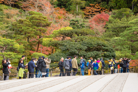 KYOTO, JAPAN - NOV 25 :Tourists enjoy watching maple leaf in zen garden at Japanese temple on November 25,2016 in Kyoto,Japanのeditorial素材