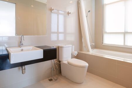 Interior of modern design home bathroom with shower and toiletの写真素材