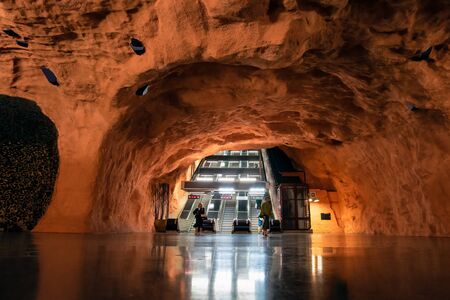 STOCKHOLM,SWEDEN-JULY 15,2019: Interior view of Radhuset underground station a rapid transit station in Kungsholmen in central Stockholm,Swedenのeditorial素材