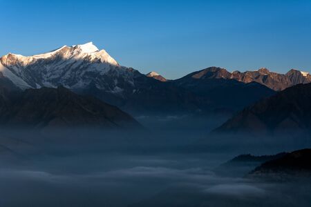 Nature view of Himalayan mountain range at Poon hill view point,Nepal. Poon hill is the famous view point in Gorepani village to see beautiful sunrise over Annapurna mountain range in Nepalの写真素材