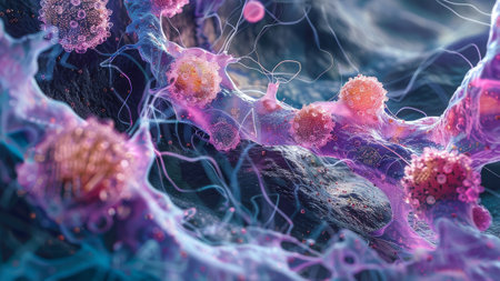 Close-up artistic images and illustrations of bacteria and viruses structure, microscopic world of microbes showcasing their structures with artistic flair.A Fusion of Science and Art in Microbial Explorationの素材