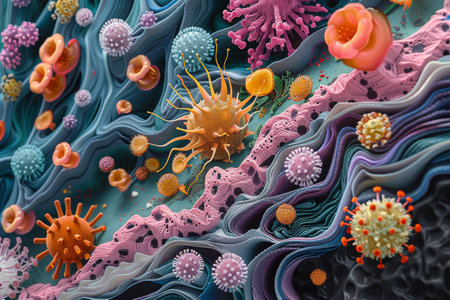 Vibrant and Colorful microbial through High Magnification Explore the Hidden Universe Journey into the artistic Microscopic World of Microbes.A Fusion of Science and Art in Microbial Explorationの素材