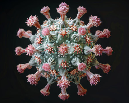 Close-up artistic images and illustrations of bacteria and viruses structure, microscopic world of microbes showcasing their structures with artistic flair.A Fusion of Science and Art in Microbial Explorationの素材