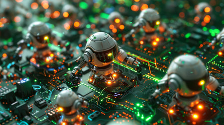 Tiny Robots and Futuristic AI Life within the Circuitry of a Computer Chip. This detailed depiction into a microscopic view of a computer cityの素材