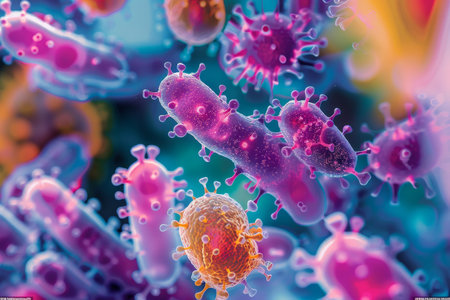 Vibrant and Colorful microbial through High Magnification Explore the Hidden Universe Journey into the artistic Microscopic World of Microbes.A Fusion of Science and Art in Microbial Explorationの素材