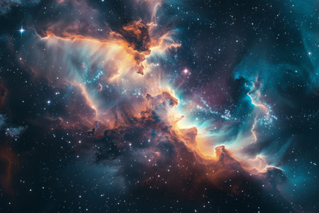 Vivid cosmic clouds and nebula formations surrounded by a myriad of stars in deep space, captured in high detail.の素材