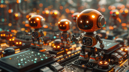 Tiny Robots and Futuristic AI Life within the Circuitry of a Computer Chip. This detailed depiction into a microscopic view of a computer cityの素材