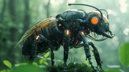 Science fiction inspired robotic insects that are surreal and exhibit advanced technology and alien aesthetics in a surreal woodlandの素材