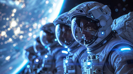Astronauts in Space Suits float against a backdrop of twinkling stars.の素材