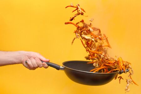Onions, carrots and meat and seasoning for Asian dishes do not successfully take off in a pan and fall all this on a yellow backgroundの写真素材