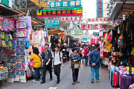 HONG KONG - FEB 1 2013: Crowded market stalls in old district on FEB 1, 2013 in Hong Kong. のeditorial素材