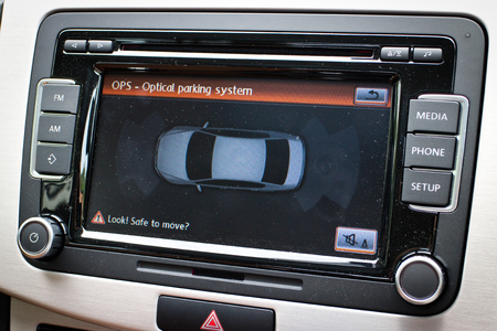 Hong Kong, China Sept 22, 2014 : Volkswagen Passat BMT 2014 Parking Sensor Screen test drive on Sept 22 2014 in Hong Kong.のeditorial素材
