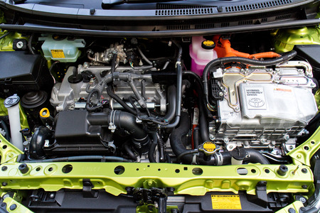 Hong Kong, China Jan 28, 2015 : Toyota Prius C 2015 hybrid engine on Jan 28 2015 in Hong Kong.