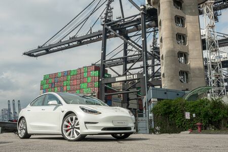 Hong Kong, China July, 2019 : Tesla Model 3 Test Drive Day on Aug 13 2019 in Hong Kong.のeditorial素材