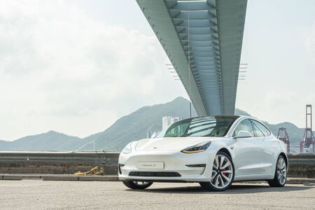 Hong Kong, China July, 2019 : Tesla Model 3 Test Drive Day on Aug 13 2019 in Hong Kong.