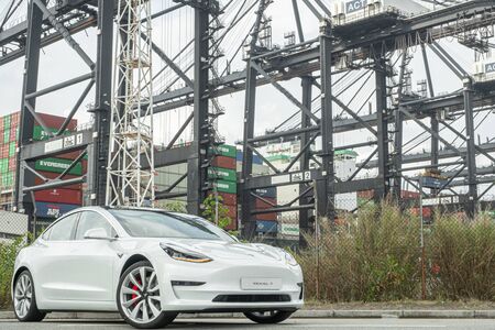 Hong Kong, China July, 2019 : Tesla Model 3 Test Drive Day on Aug 13 2019 in Hong Kong.のeditorial素材